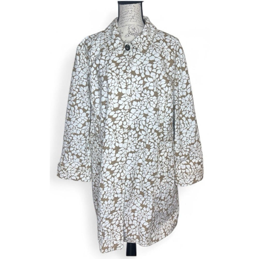 EDDIE BAUER Women's XXL Khaki & White Floral Rain Trench Coat Waterproof Outdoor